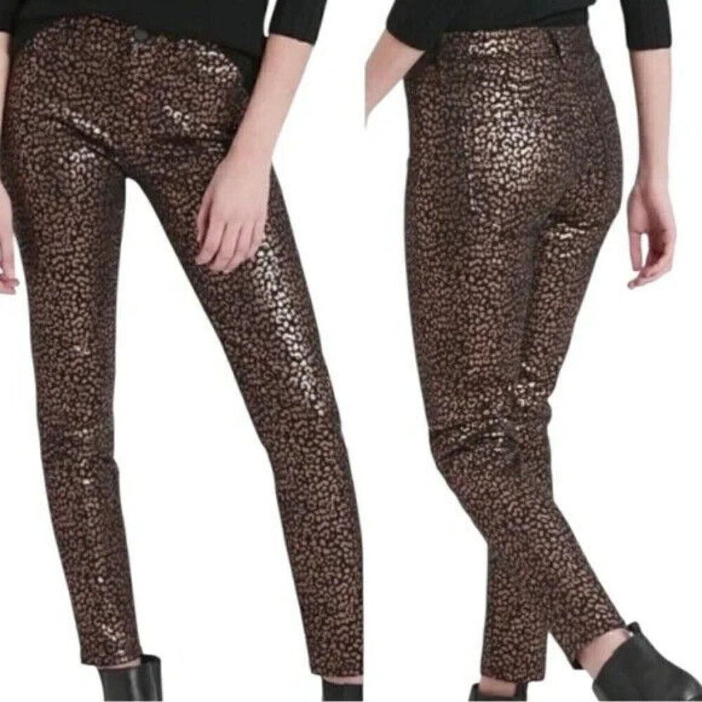 Banana Republic Mid Rise Ankle Rose Gold Metallic Leopard Print Jeans 32 NWOT